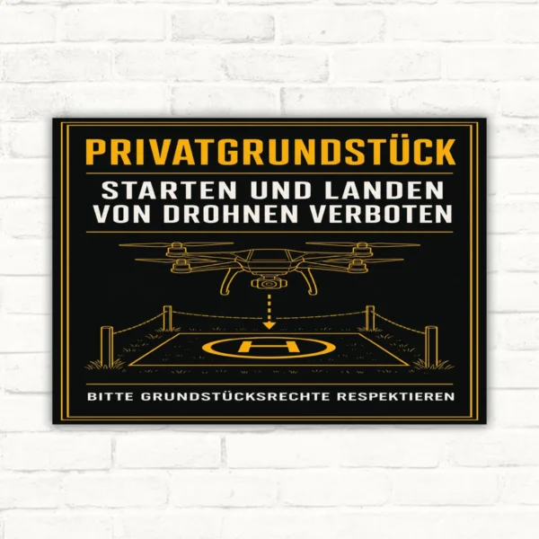 Drohnen verboten Schild mit Wortlaut „Privatgrundstück – Starten und Landen von Drohnen verboten“ in Schwarz, Gelb und Weiß.
