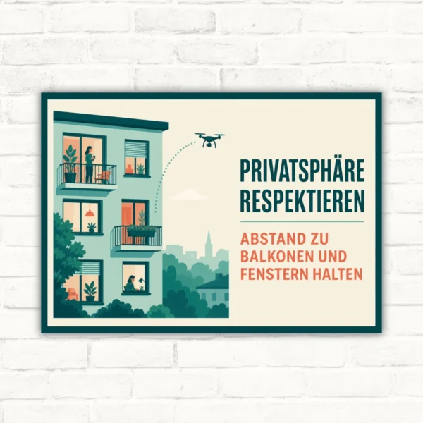 Privatsphäre respektieren Schild – Abstand zu Balkonen und Fenstern halten mit gut lesbarem Motiv und klarer Beschriftung als bedrucktes Schild aus Aluminium-Verbundplatte.