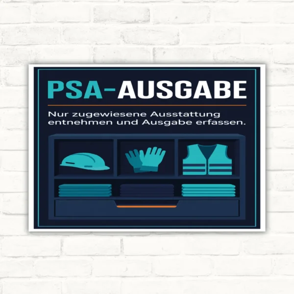 PSA-Ausgabe Schild mit Text „Nur zugewiesene Ausstattung entnehmen und Ausgabe erfassen“ sowie Helm, Handschuhen und Weste.