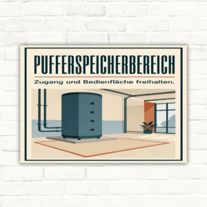 Pufferspeicherbereich Schild mit Text „Zugang und Bedienfläche freihalten“ und Illustration eines Technikraums.