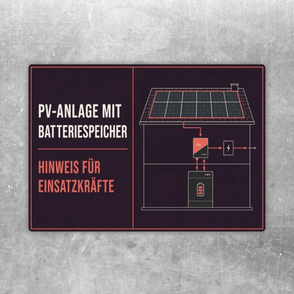 PV-Anlage mit Batteriespeicher Aufkleber, schwarzes Querformat mit rotem Hinweistext und technischer Gebäudegrafik.