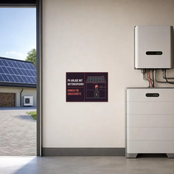 KI-generiertes Anwendungsbeispiel: PV-Anlage mit Batteriespeicher Aufkleber auf grauer Fläche als Hinweis für Einsatzkräfte.