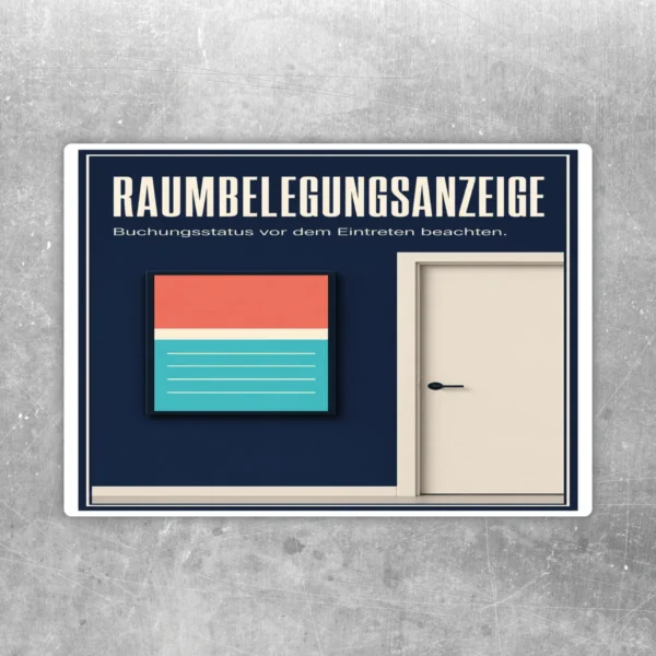 Raumbelegungsanzeige Aufkleber mit Türmotiv, Statusfeld in Rot und Türkis sowie Hinweis zum Buchungsstatus.
