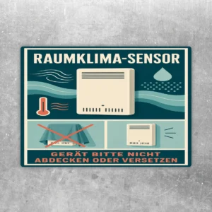 Raumklima-Sensor Aufkleber in Petrol und Türkis mit Hinweis Gerät bitte nicht abdecken oder versetzen.