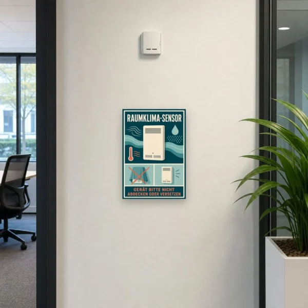 KI-generiertes Anwendungsbeispiel: Raumklima-Sensor Schild mit Hinweis „Gerät bitte nicht abdecken oder versetzen“ an Wand.
