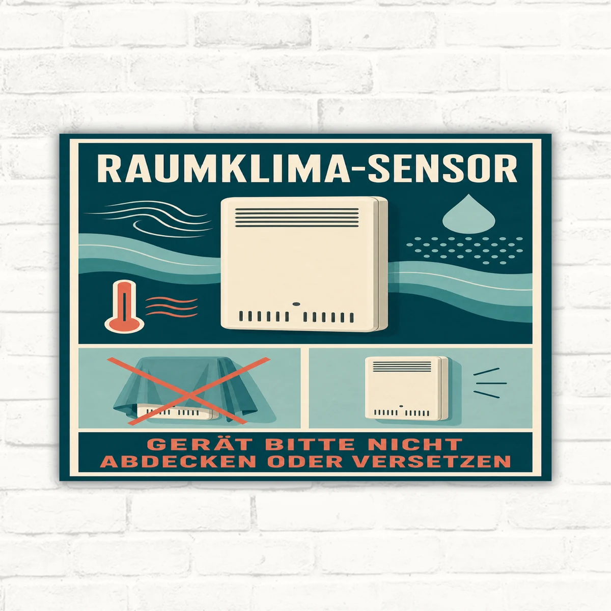 Raumklima-Sensor Schild mit Wortlaut „Gerät bitte nicht abdecken oder versetzen“ und Sensor-Grafik im Hochformat.
