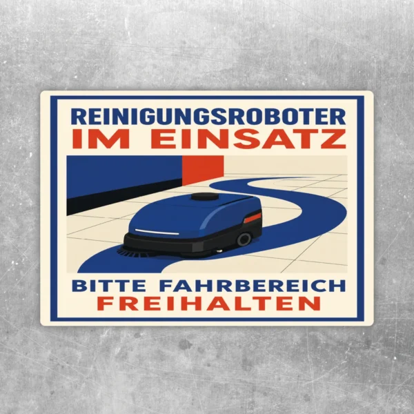 Aufkleber mit Reinigungsroboter im Einsatz und Text Bitte Fahrbereich freihalten in Blau, Rot und Beige.