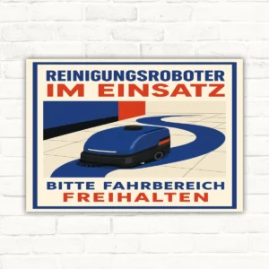 Reinigungsroboter im Einsatz Schild mit Text „Bitte Fahrbereich freihalten“ und Roboter-Illustration im Hochformat.