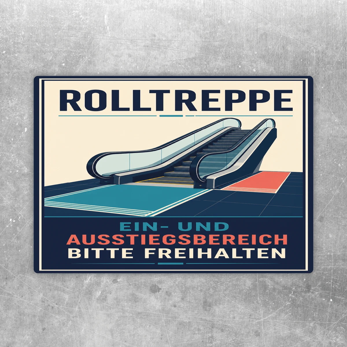 Rolltreppe Einstiegs- und Ausstiegsbereich freihalten Aufkleber mit blau-cremefarbener Illustration und rotem Hinweisfeld.