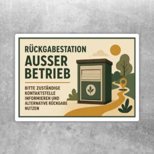 Rückgabestation außer Betrieb Aufkleber im Querformat mit Kontaktstellen-Hinweis, grüner Schrift und illustrativer Station.