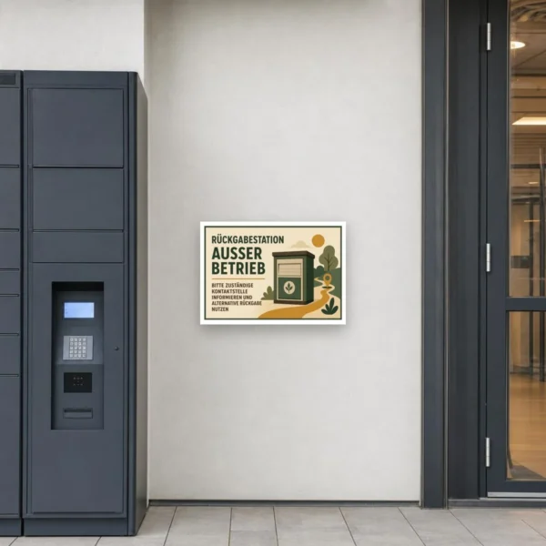 KI-generiertes Anwendungsbeispiel: Rückgabestation außer Betrieb Schild mit Kontaktstellen-Hinweis an einer Wand.
