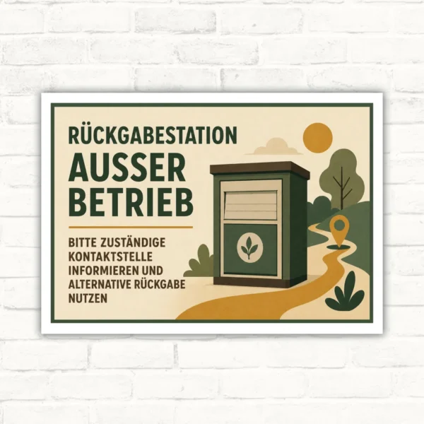 Rückgabestation außer Betrieb Schild mit Text zur Kontaktstelle und alternativen Rückgabe im Querformat.
