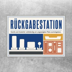 Rückgabestation Aufkleber im Querformat mit blauem Titel, Gerätesymbolen und orangefarbener Zubehörablage.