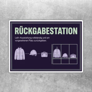Rückgabestation Aufkleber in Dunkelviolett mit Text und Symbolen für Jacke, Helm und Ausrüstung am Rückgabeplatz.