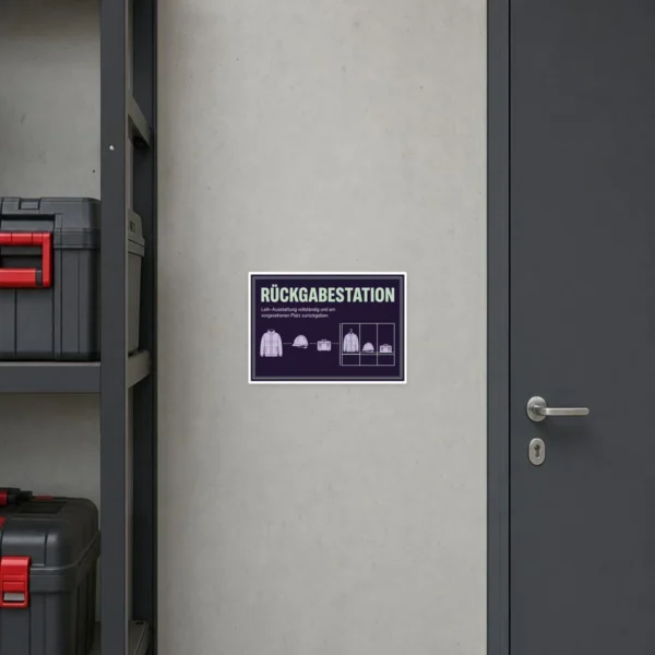 KI-generiertes Anwendungsbeispiel: Rückgabestation Aufkleber auf grauer Fläche für Leih-Ausstattung mit Fachsymbolen.