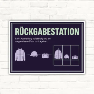 Rückgabestation Schild – Leih-Ausstattung vollständig zurückgeben mit gut lesbarem Motiv und klarer Beschriftung als bedrucktes Schild aus Aluminium-Verbundplatte.