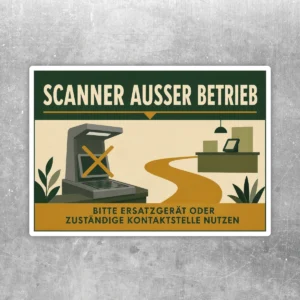 Scanner außer Betrieb Aufkleber im Querformat mit Hinweis auf Ersatzgerät oder Kontaktstelle in Grün und Gelb.