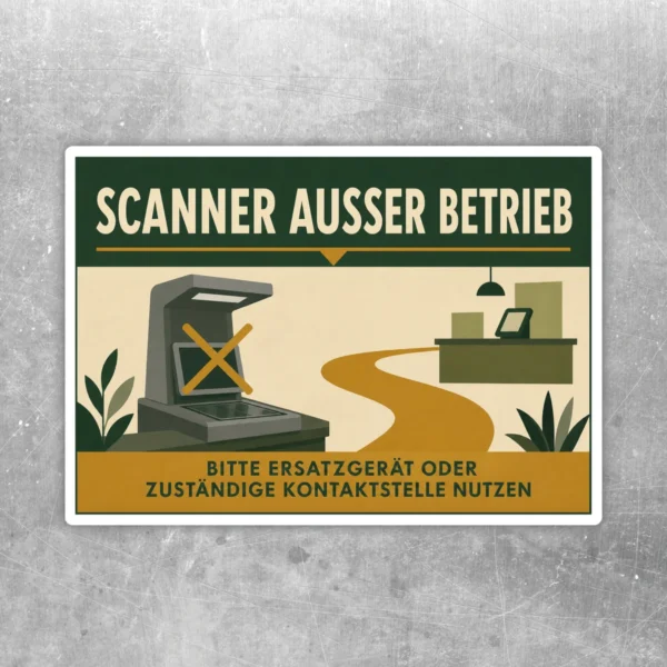 Scanner außer Betrieb Aufkleber im Querformat mit Hinweis auf Ersatzgerät oder Kontaktstelle in Grün und Gelb.