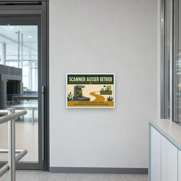 KI-generiertes Anwendungsbeispiel: Scanner außer Betrieb Schild im Büro mit Hinweis auf Ersatzgerät oder Kontaktstelle.