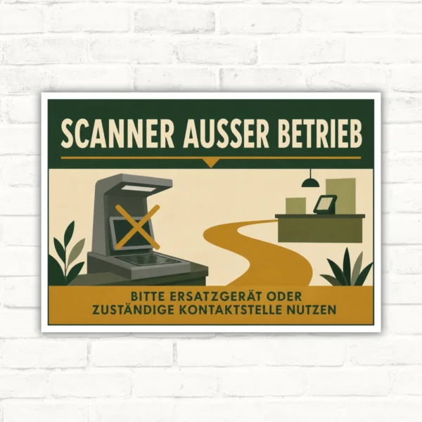 Querformatiges Scanner außer Betrieb Schild mit Hinweis „Bitte Ersatzgerät oder zuständige Kontaktstelle nutzen“.
