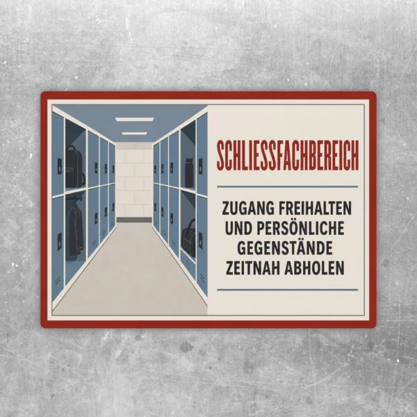 Schließfachbereich Aufkleber mit Spindgang und Hinweis, Zugang freizuhalten und Gegenstände zeitnah abzuholen.