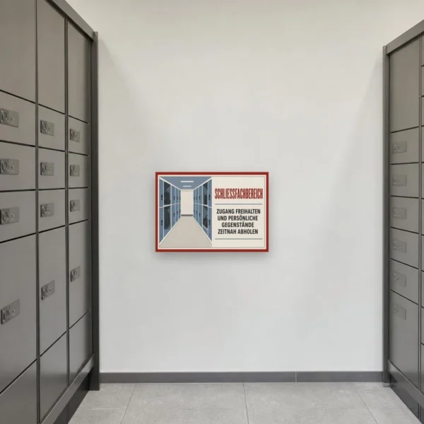 KI-generiertes Anwendungsbeispiel: Schließfachbereich Schild mit Locker-Flur und Hinweis zum Freihalten des Zugangs.