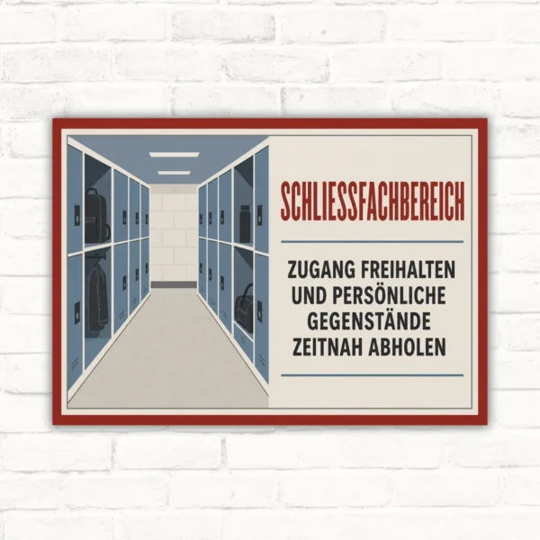Schließfachbereich Schild mit Text „Zugang freihalten und persönliche Gegenstände zeitnah abholen“ im Querformat.