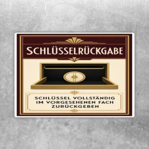 Schlüsselrückgabe Aufkleber in Braun und Gold mit Rückgabefach und Hinweis, Schlüssel vollständig einzulegen.