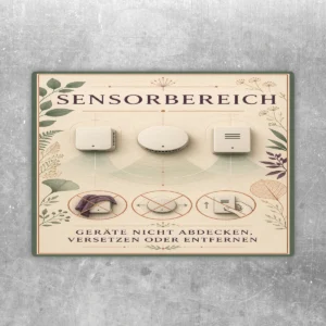 Sensorbereich Aufkleber im Hochformat mit Gerätehinweis nicht abdecken, versetzen oder entfernen in Beige und Grün.
