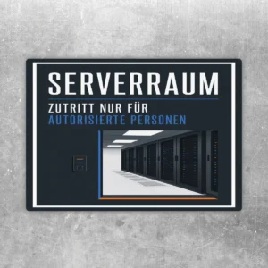Serverraum Aufkleber mit Text Zutritt nur für autorisierte Personen, dunkles Design mit Serverracks und blauen Akzenten.