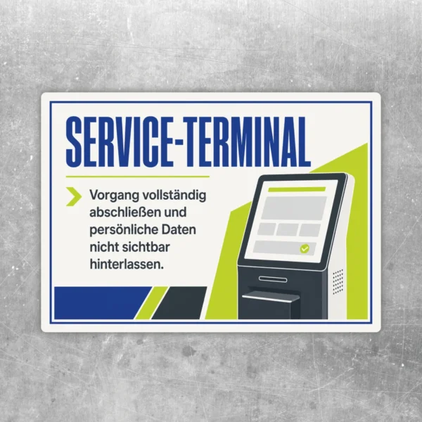 Service-Terminal Aufkleber im Querformat mit Hinweis zum Abschließen des Vorgangs und Schutz persönlicher Daten.