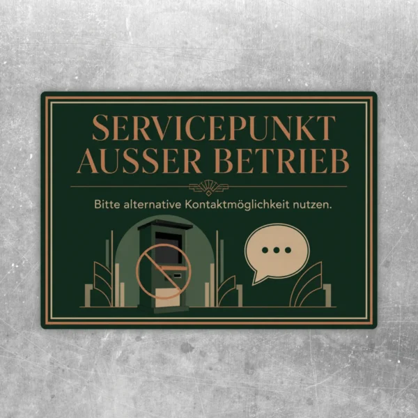 Servicepunkt außer Betrieb Aufkleber in Dunkelgrün und Kupfer mit Hinweis auf alternative Kontaktmöglichkeit.