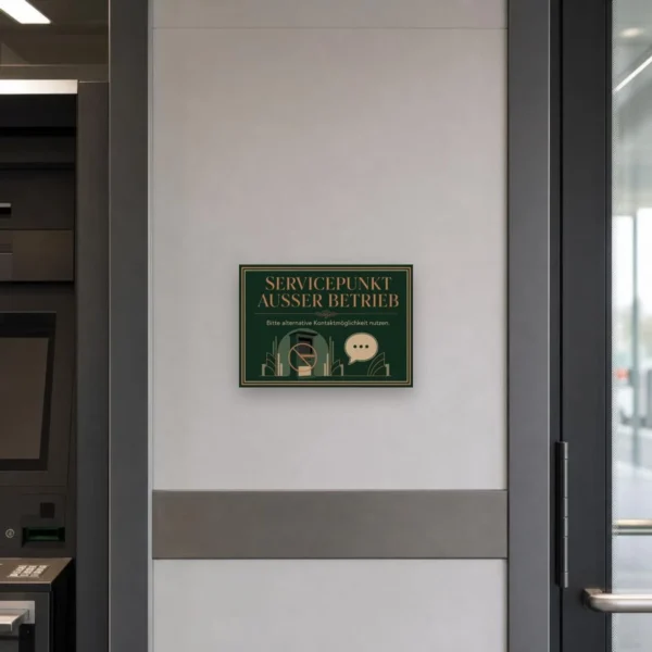KI-generiertes Anwendungsbeispiel: Servicepunkt außer Betrieb Schild mit Hinweis auf alternative Kontaktmöglichkeit an Wand.