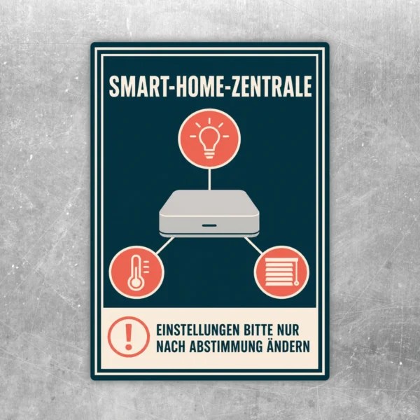 Smart-Home-Zentrale Aufkleber mit dunkelblauem Motiv, Steuerbox, Symbolen und Hinweis zur Abstimmung von Einstellungen.
