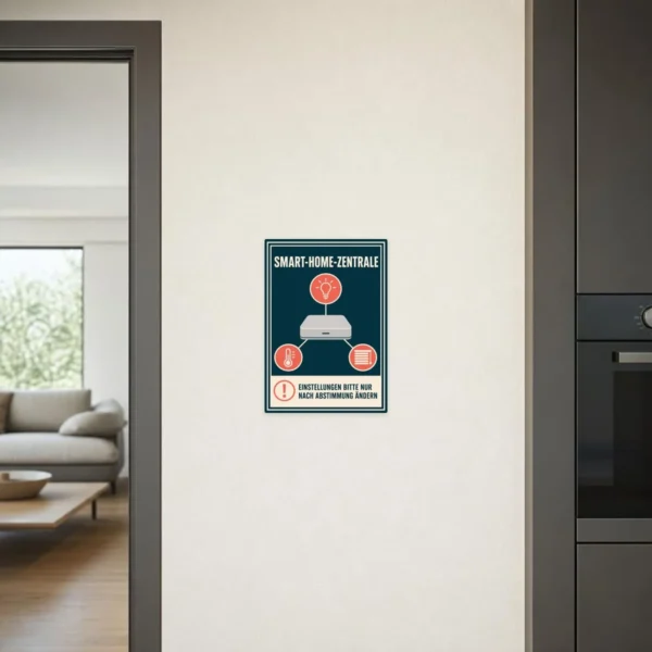KI-generiertes Anwendungsbeispiel: Smart-Home-Zentrale Aufkleber an grauer Fläche mit Hinweis Einstellungen nur nach Abstimmung ändern.