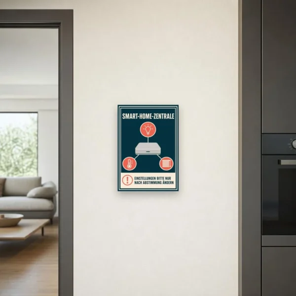 KI-generiertes Anwendungsbeispiel: Smart-Home-Zentrale Schild – Einstellungen nur nach Abstimmung ändern am passenden Einsatzort mit gut sichtbarem Motiv und klarer Beschriftung.