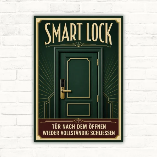 Smart Lock Schild mit Türmotiv und Text „Tür nach dem Öffnen wieder vollständig schließen“ als robustes Hinweisschild.