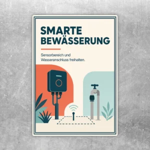 Smarte Bewässerung Aufkleber mit Sensor, Wasseranschluss und Hinweis zum Freihalten des Bereichs.
