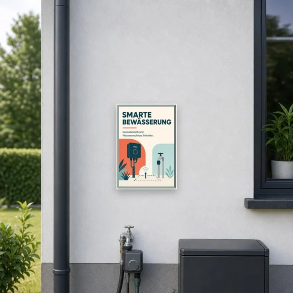 KI-generiertes Anwendungsbeispiel: Smarte Bewässerung Schild – Sensorbereich und Wasseranschluss freihalten am passenden Einsatzort mit gut sichtbarem Motiv und klarer Beschriftung.