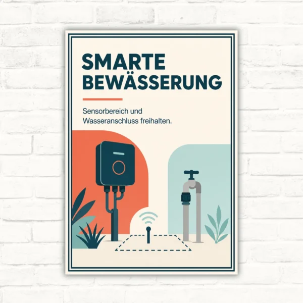 Smarte Bewässerung Schild – Sensorbereich und Wasseranschluss freihalten mit gut lesbarem Motiv und klarer Beschriftung als bedrucktes Schild aus Aluminium-Verbundplatte.