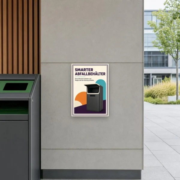 KI-generiertes Anwendungsbeispiel: Schild „Smarter Abfallbehälter“ mit Klappe-schließen-Hinweis neben Abfallstation.