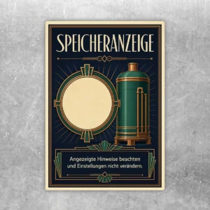 Speicheranzeige Aufkleber mit Vintage-Motiv, grünem Speichergerät und Hinweis zum Beachten von Einstellungen.