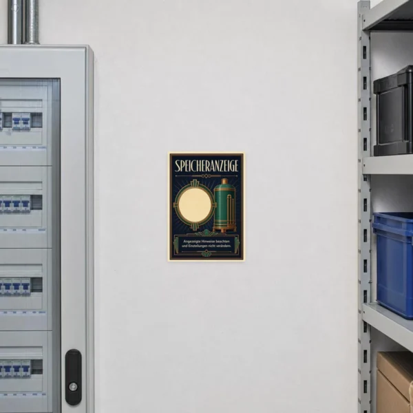 KI-generiertes Anwendungsbeispiel: Speicheranzeige Aufkleber im Vintage-Stil auf grauem Untergrund in Technikoptik.