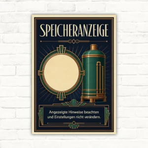 Speicheranzeige Schild mit Text „Angezeigte Hinweise beachten und Einstellungen nicht verändern“ im Retro-Technikdesign.