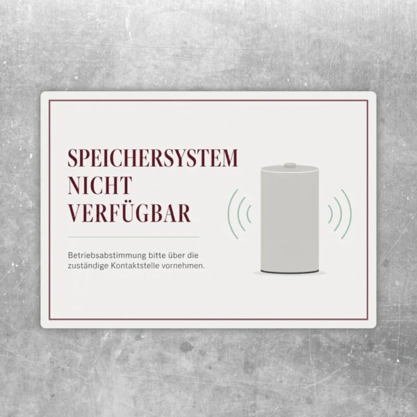 Aufkleber im Querformat mit Text Speichersystem nicht verfügbar, bordeauxroter Schrift und grauer Speicher-Grafik.