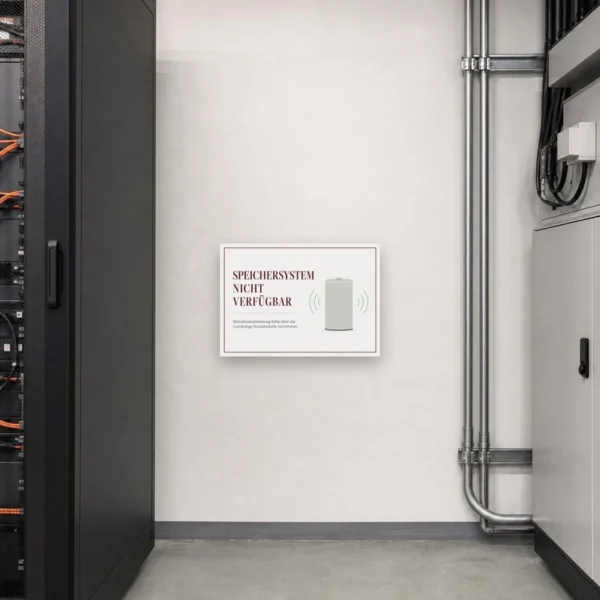 KI-generiertes Anwendungsbeispiel: Hinweisschild „Speichersystem nicht verfügbar“ im Querformat an heller Wand.