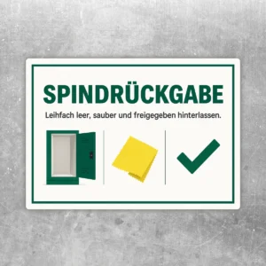 Spindrückgabe Aufkleber im Querformat mit Text, geöffnetem Spind, Reinigungstuch und grünem Häkchen.