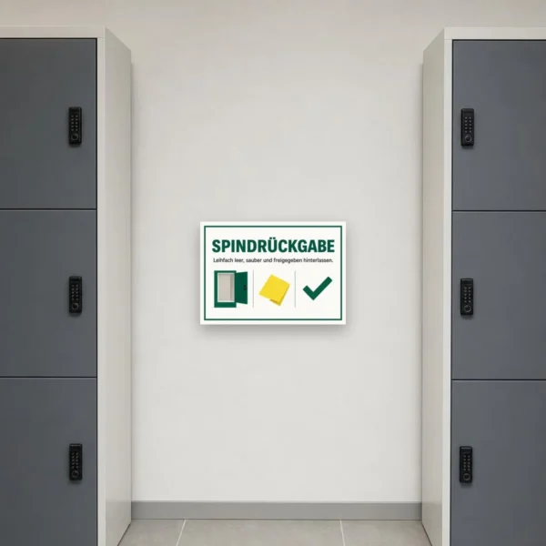 KI-generiertes Anwendungsbeispiel: Spindrückgabe Schild – Leihfach leer, sauber und freigegeben am passenden Einsatzort mit gut sichtbarem Motiv und klarer Beschriftung.