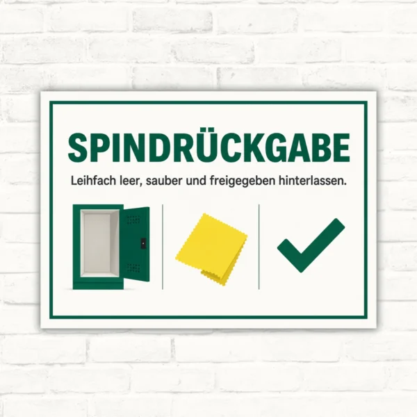 Spindrückgabe Schild mit Text „Leihfach leer, sauber und freigegeben hinterlassen.“ sowie Spind, Tuch und Haken.