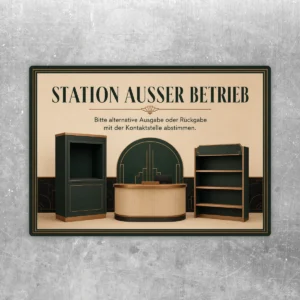 Station außer Betrieb Aufkleber im Querformat mit Vintage-Servicestation und Hinweis zur alternativen Ausgabe oder Rückgabe.